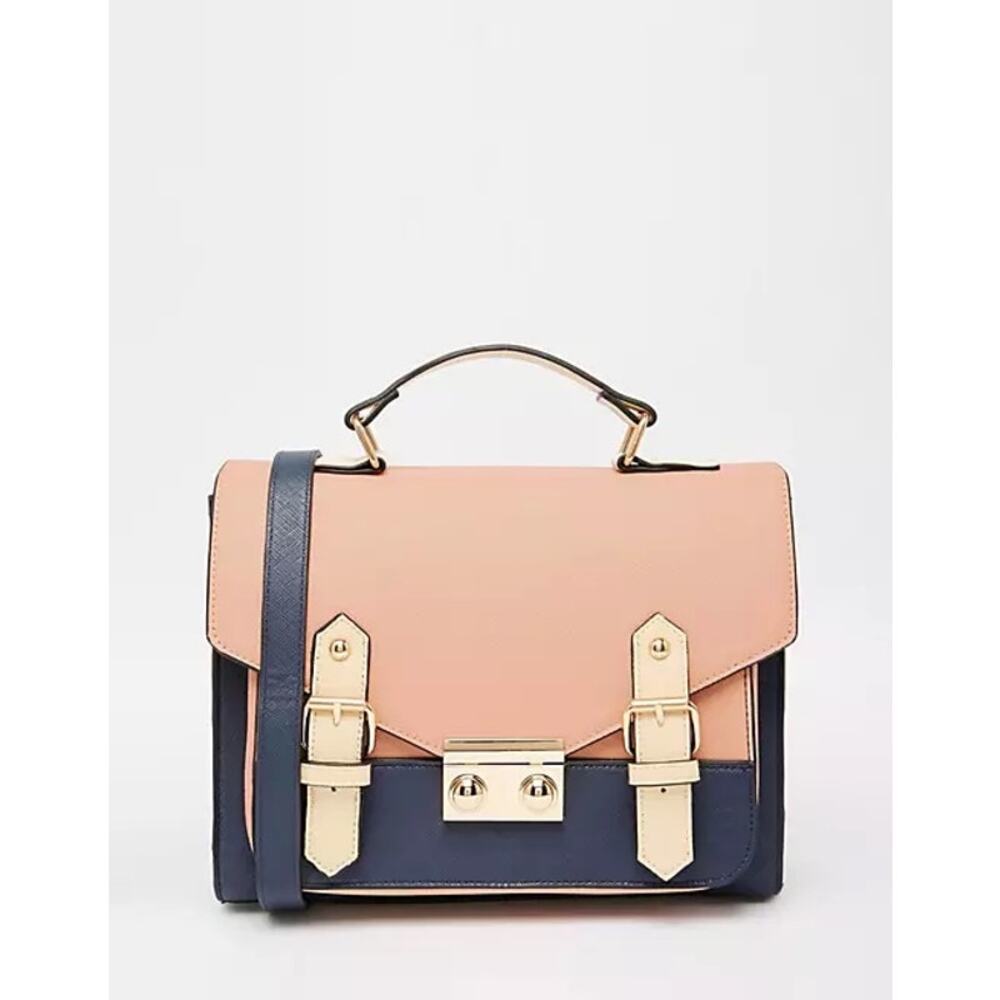 ASOS Navy Blue and Peach Faux Leather Satchel Crossbody Bag